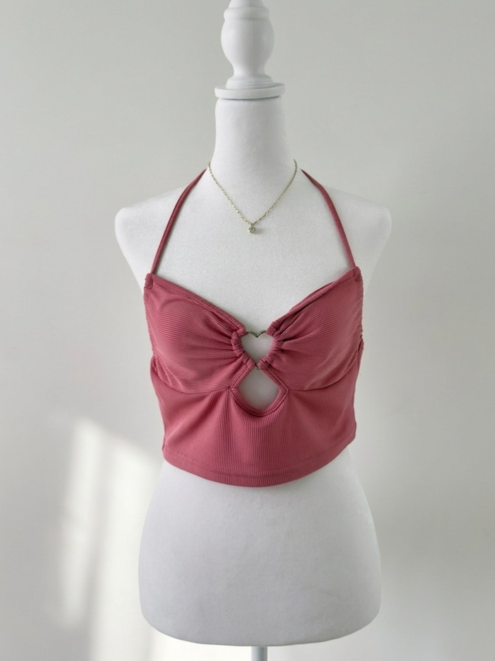 Dusty Rose Heart Cutout Halter Top Ribbed Stretch Crop Top Y2K Pink